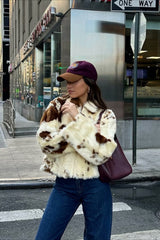 Cow Print Faux Fur Zip Jacket
