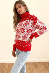 Turtleneck Color Block Christmas Snowflake Print Sweater