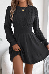 Solid Round Neck Chunk Cable Waisted Knit Mini Dress