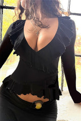 Ruffled Tie Front V Neck Cinched Asymmetric Long Sleeve Tee