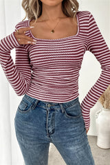 Striped Openwork Square Neck Blouse