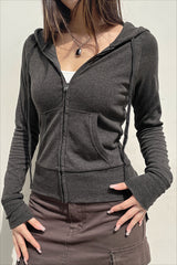 Ribbed Waist Fitted Zip Front Cropped Hoodie