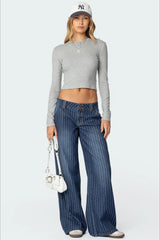 Blue Pinstripe Washed Wide Leg Jeans