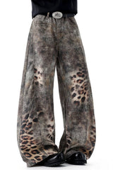Leopard Patch Washed Barrel Leg Jeans