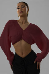 Twist Front Cropped V Neck Knit Sweater