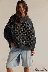 Embroidered Panel Design Casual Pullover Hoodie