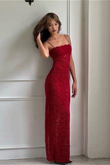 Lace Cutout Spaghetti Strap Sexy Slim Maxi Dress