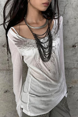 Wing Print Wide Neck Asymmetric Long T-Shirt