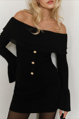 Paneled Ruched Buttoned Off-the-Shoulder Long Sleeve Tee