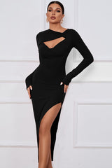 Chest Cutout Knot Fitted Long Sleeve Midi Dress