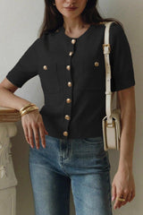 Short Sleeve Pocket Button Knit Cardigan