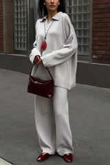 Relaxed Polo Knit Top Wide Leg Pants Set