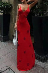 Vintage Red Maxi Crochet V Neck Fitted Camisole Sweater Dress