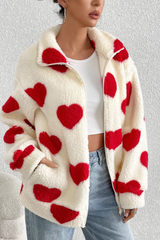 Fuzzy Heart Print Oversized Long Sleeve Zip Christmas Outerwear