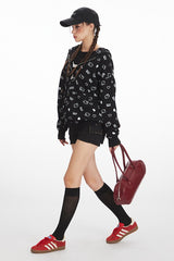 Loose Cat Print Zip Hoodie