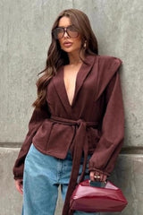 Loose Fit V Neck Suede Coat