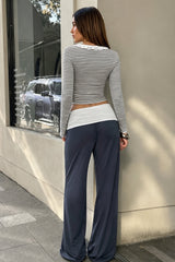Striped Lace Trim Top and Foldover Pants Set