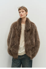 Minimalist Mid-Length Faux Fur Stand Collar Coat