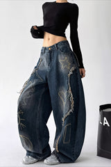 Distressed High Rise Barrel Leg Jeans
