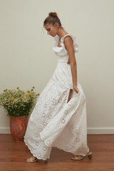 Ruffled Square Neck Embroidered Backless Split Boho Dress