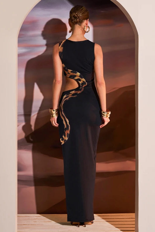 Snake Print Hollow Out Midi Dress