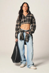 Plaid Elastic Hem Cropped Long Sleeve Blouse
