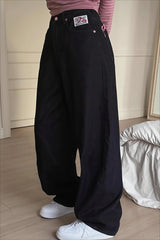 Embroidered Letter High Waist Wide Leg Jeans
