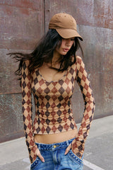 Vintage Argyle Mesh Fitted Long Sleeve T-Shirt