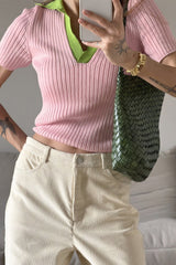 Contrast Collar Ribbed Polo Knit Sweater