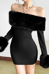 Christmas Color Block Furry Off-Shoulder Fitted Party Dress