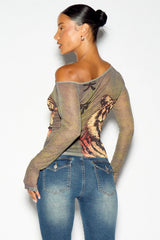 Tiger Print Off Shoulder Mesh Crop Top