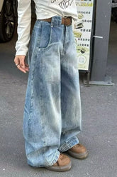 Curved Cut Wide Leg Distressed Jean