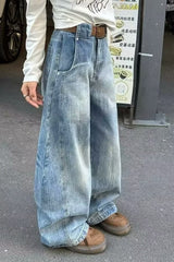 Curved Cut Wide Leg Distressed Jean