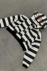 Black White Striped Cropped Zip Hoodie
