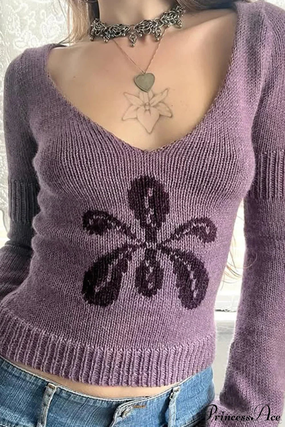 Floral Jacquard V-Neck Long-Sleeve Knit Top