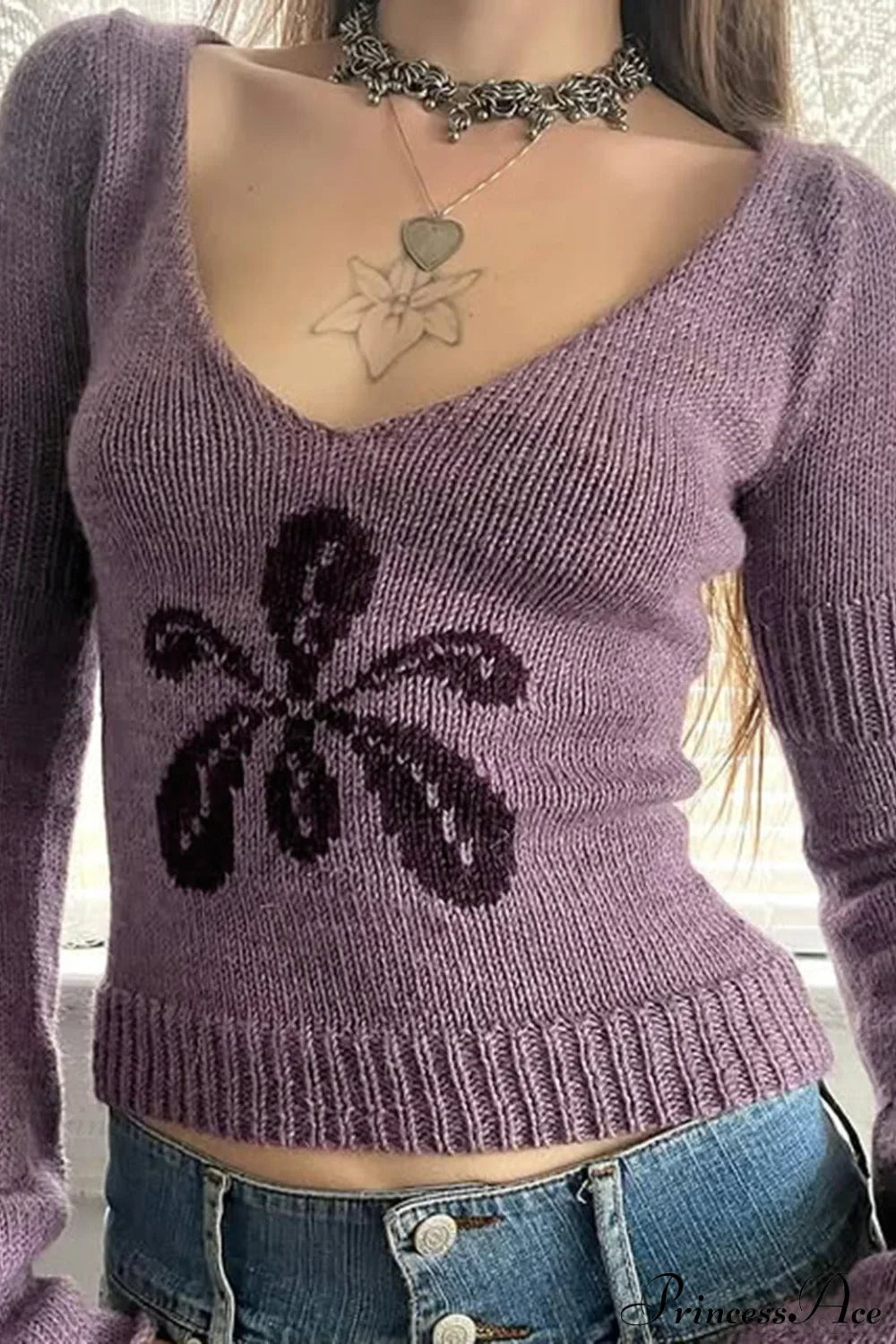 Floral Jacquard V-Neck Long-Sleeve Knit Top