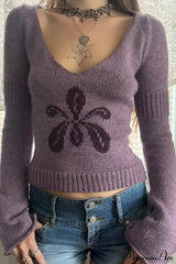 Floral Jacquard V-Neck Long-Sleeve Knit Top Purple / S