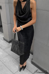 Halter Draped Satin Curvy Maxi Dress