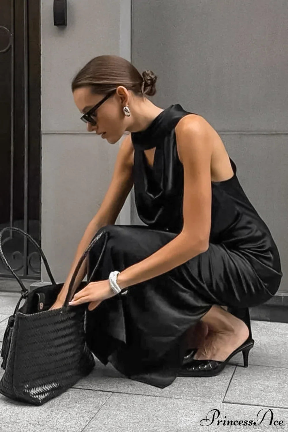 Halter Draped Satin Curvy Maxi Dress