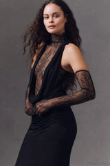 Halter Lace Paneled Deep V Ruched Wedding Dress Black / XS