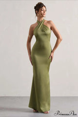 Halter Neck Sheath Formal Party Dress Green / S