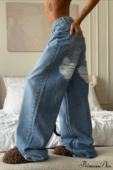 Heart Distressed Low Waist Wide Leg Straight Jeans