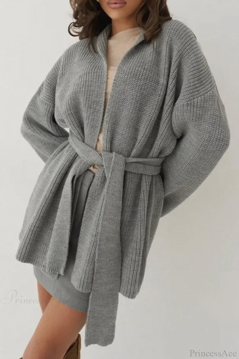 Lazy-Style Oversized Belted Knit Cardigan Grey / One Size