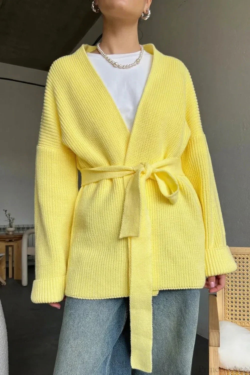 Lazy-Style Oversized Belted Knit Cardigan Yellow / One Size
