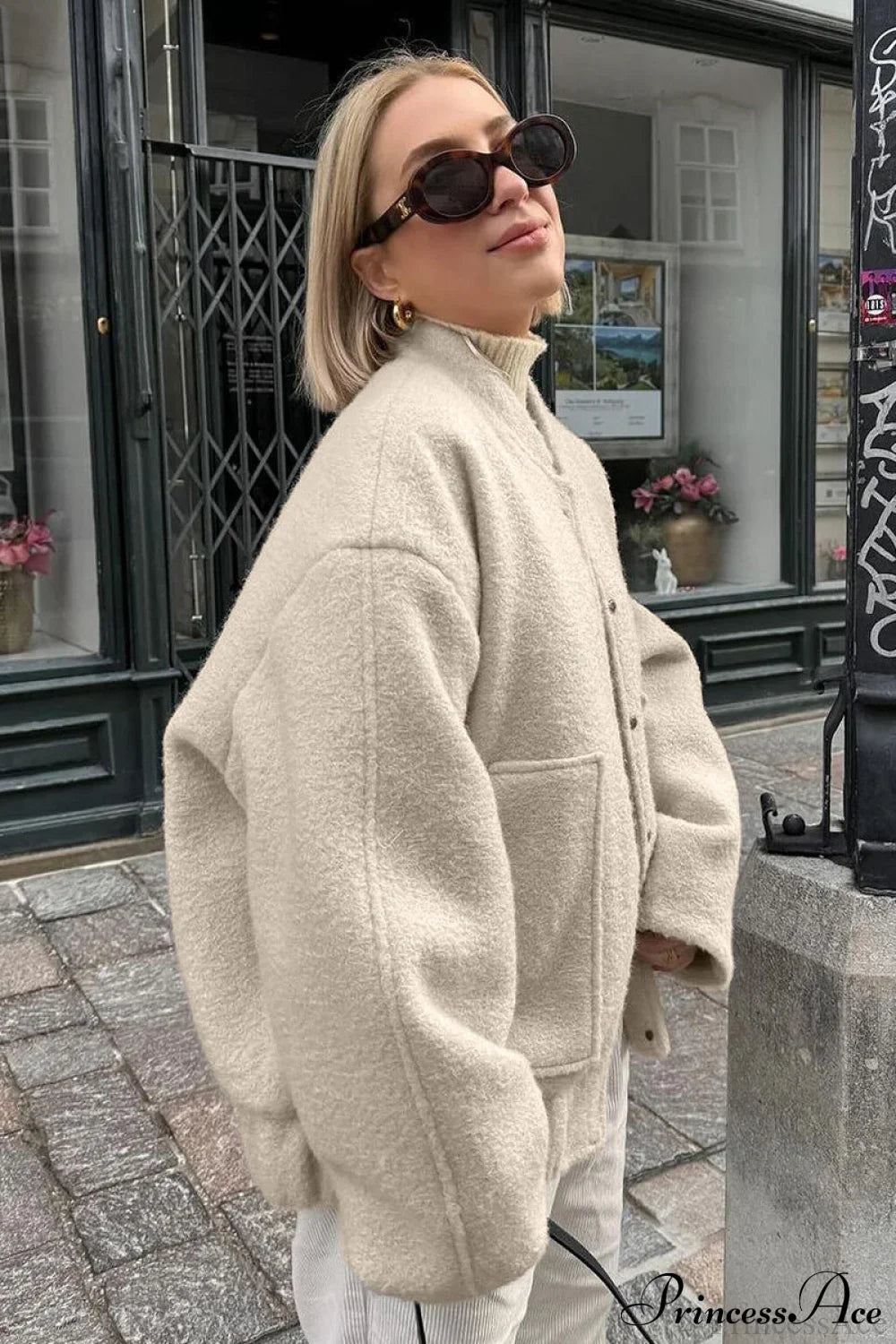 Loose Stand Collar Textured Wool Casual Coat