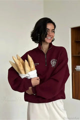 Relaxed Fleece-Lined Half-Zip Stand Collar Convertible Sweatshirts Burgundy / S