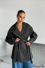 Retro Brown Suede Jacket Tied Coat