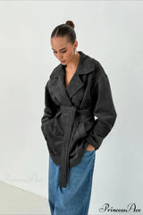 Retro Brown Suede Jacket Tied Coat Grey / S