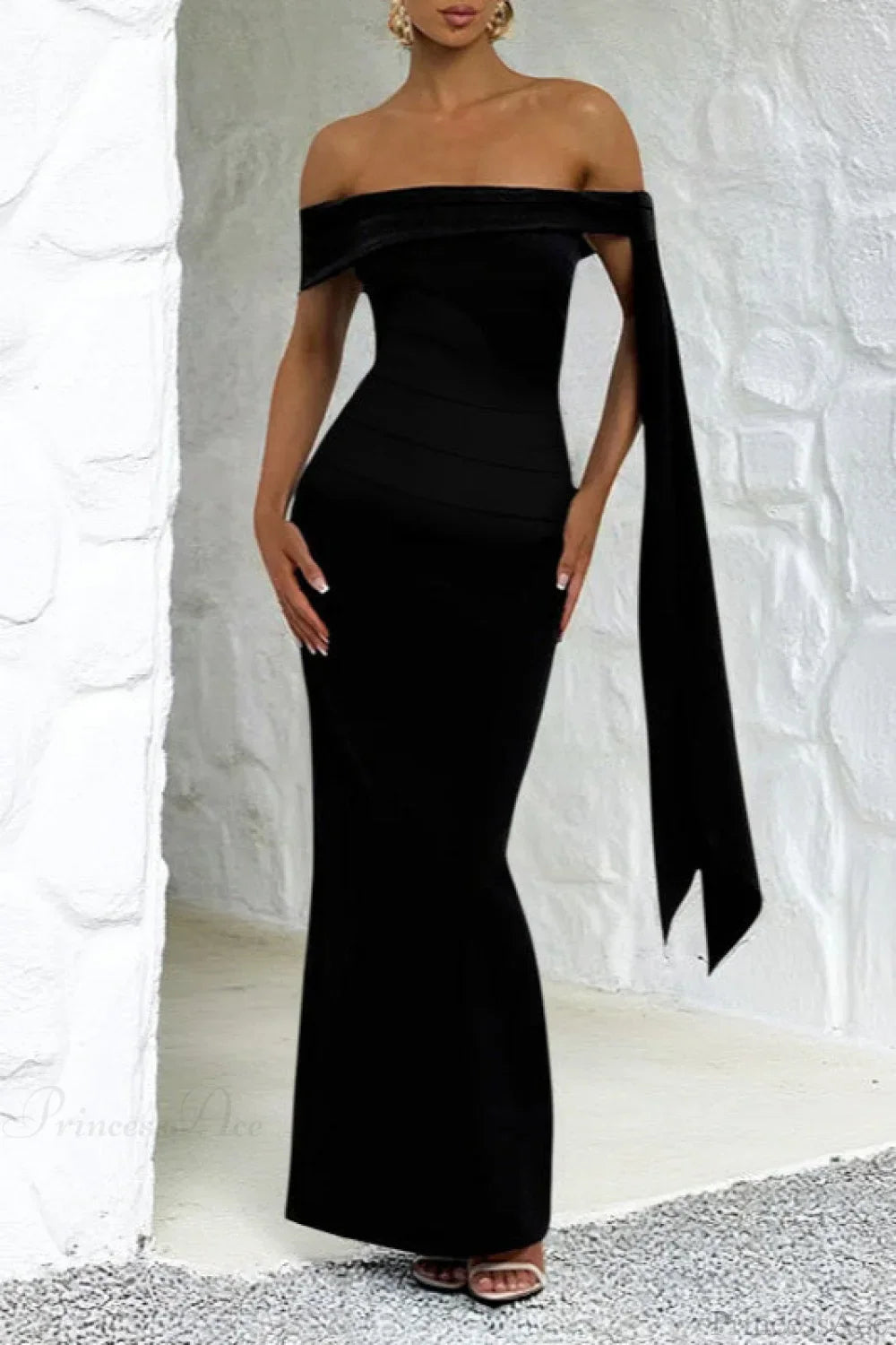 Sash Off Shoulder Split Slim Fitted Maxi Dress Black / S