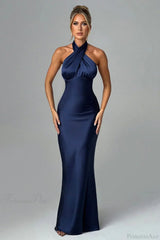 Satin Halter High Waist Fitted Party Dress Blue / S